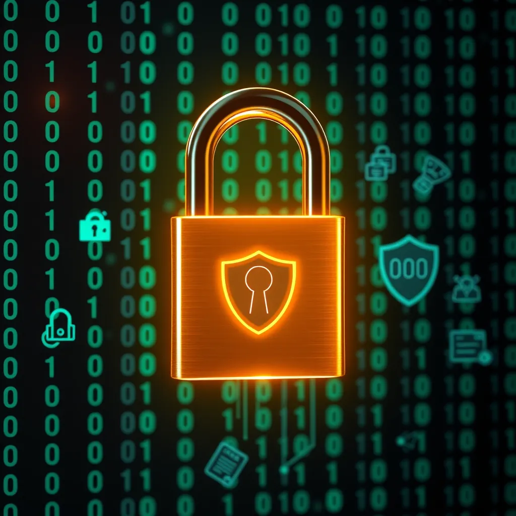 An engaging image of a digital padlock symbolizing data protection, with a background of stylized binary code and customer data icons. Add elements like a shield or privacy notice showcasing the importance of safeguarding personal information.