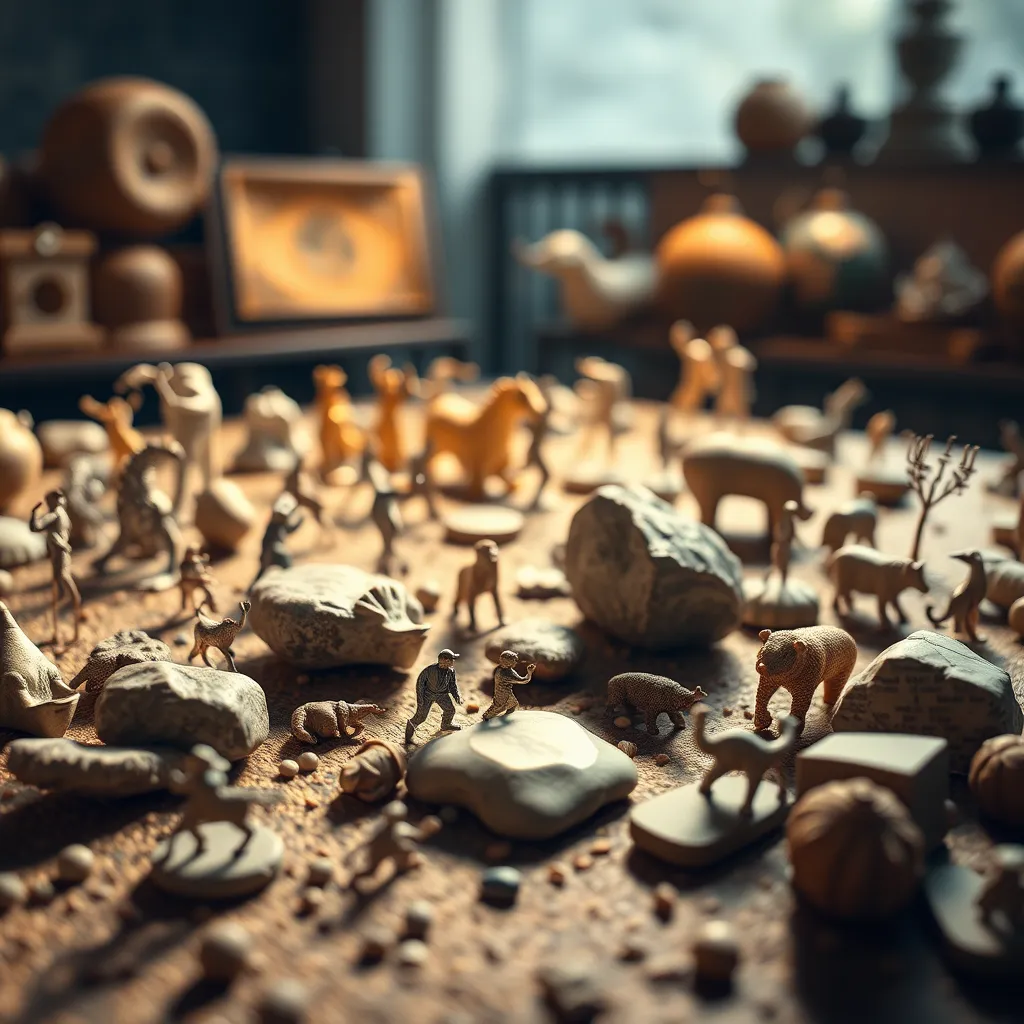 An engaging sensory assembly of miniature sculptures crafted from various textures, including smooth metal, rough stone, and soft wood. The display should encourage interaction, featuring a tactile surface with inviting layouts. The setting should be warmly lit to evoke a sense of curiosity and exploration.