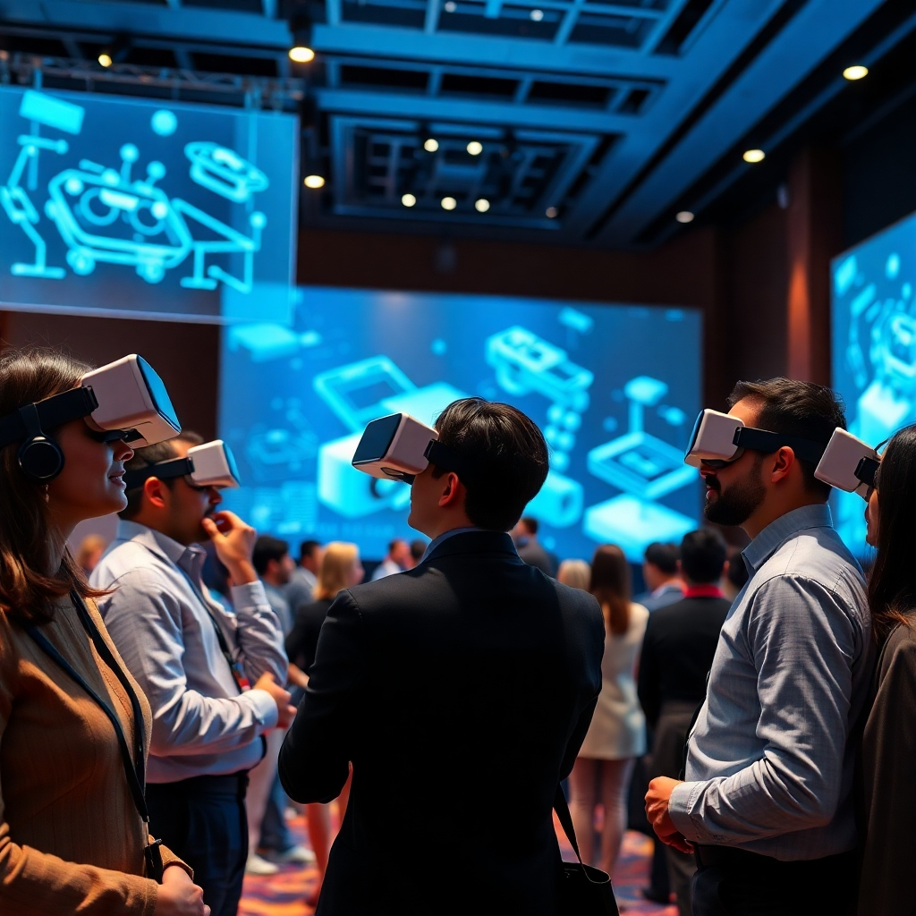An engaging visual of a business conference where participants use VR headsets to explore products in a lifelike virtual space. The lighting should be sophisticated, emphasizing the professional yet innovative environment. Various participants should be shown interacting with displayed products, showcasing their excitement. The backdrop should include digital screens and 3D holograms. Style references may include tech conference aesthetics. Technical specs: 8K resolution, hyperrealistic.