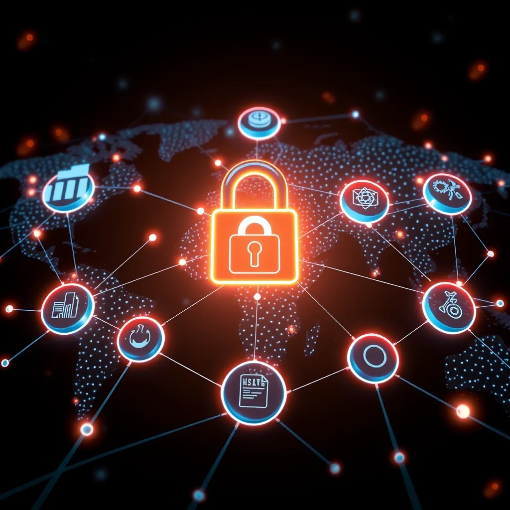 An illustration of a global network with interconnected nodes representing various sectors: Industry, Health, Urbanism, Science, Art. Each node emits light, symbolizing secure communication and collaboration, with a secure lock symbol overlay.
