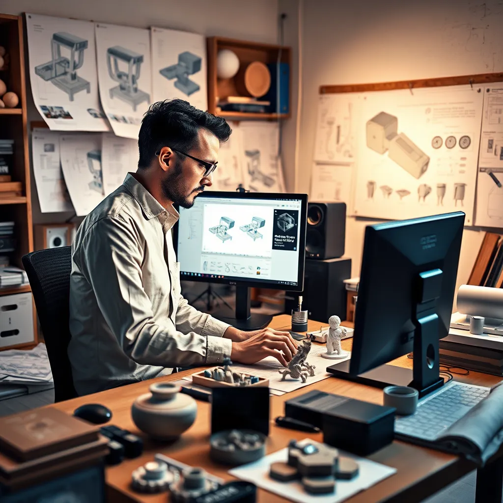 An industrial designer working on a 3D model using advanced software on a computer. Surrounding the designer are samples of prototypes, materials, and blueprints, illustrating a tailored approach to product development and customization, with a well-organized workspace rich in creativity.