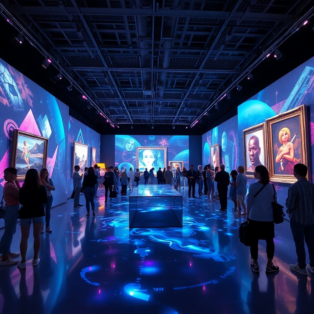 An innovative art installation featuring holographic projections of artworks coming to life in a virtual space. The scene should be futuristic with a tech-savvy audience interacting with the displays. The lighting should be dramatic, with vibrant colors emanating from the holograms. The camera angle should provide a panoramic view of the installation, highlighting both the artworks and the engaged spectators. References could include futuristic exhibition designs. Technical specs: 8K resolution, hyperrealistic.