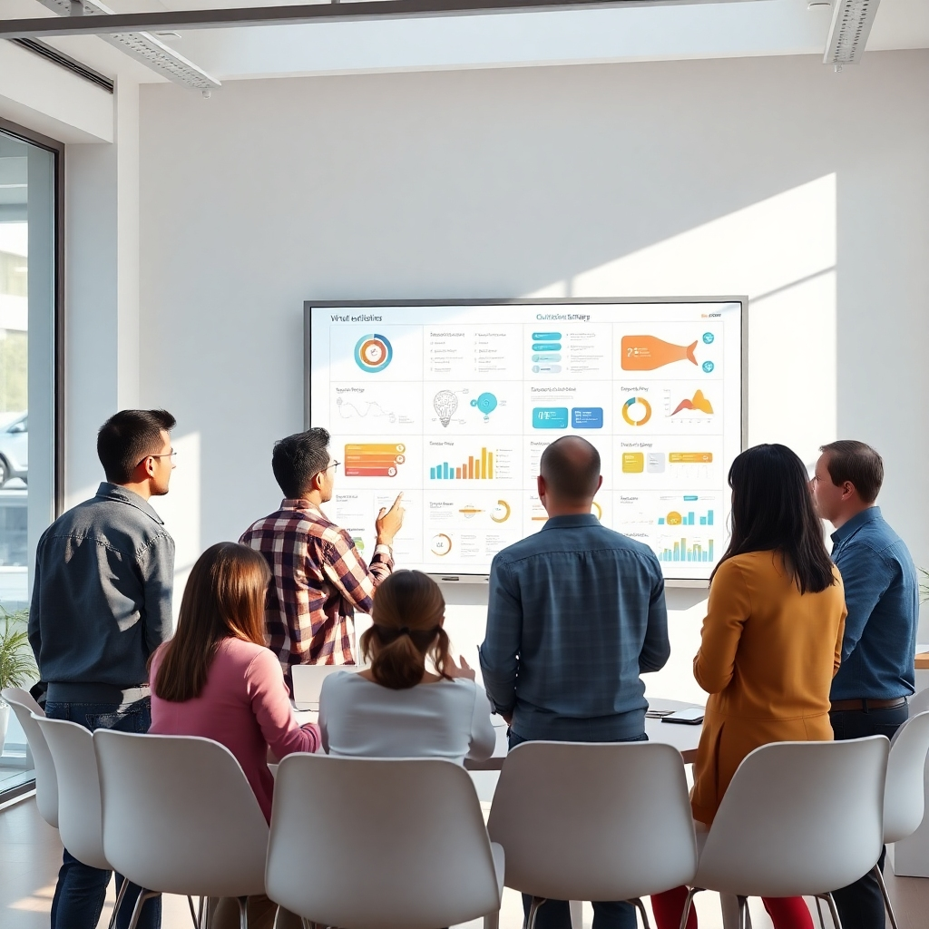 An inspiring visual of a marketing team brainstorming in front of a digital whiteboard while discussing virtual exhibition strategies. The room should be bright and modern, with colorful infographics displayed. Natural light should flood in, creating an innovative atmosphere. The composition should highlight diverse interactions amongst team members. Style references may include corporate innovation settings. Technical specs: 8K resolution, hyperrealistic.