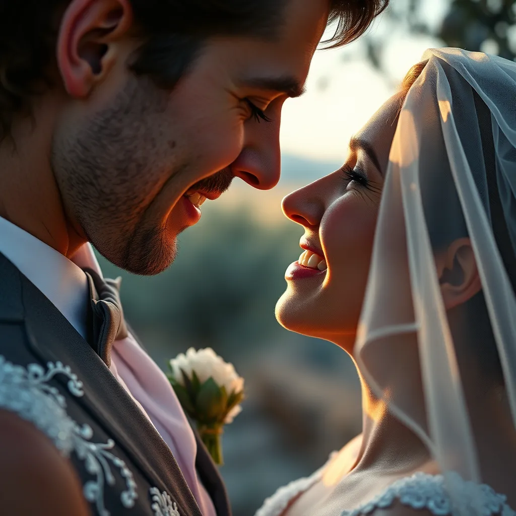An intimate, close-up, high-quality image of a bride and groom sharing a tender moment during their wedding day. The bride's tear of joy is clearly visible. The background softly features elements of the Provençal landscape, such as lavender and olive trees.