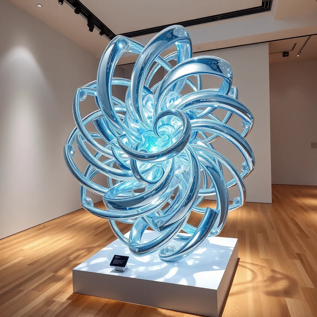 An intricate fractal sculpture made from a combination of transparent crystal and brushed aluminum elements. The sculpture features swirling, interlocking forms that create a mesmerizing visual effect. The lighting is dramatic, with focused spotlights casting vibrant reflections and shadows, enhancing the complexity of the shapes. The color palette should include clear and light blue accents, evoking a sense of tranquility and sophistication. Capture the sculpture from a slightly low angle to emphasize its grandeur and height. Textures should be smooth and glossy, contrasted against the rougher matte finish of the surrounding display base. The environment should be an elegant art gallery with soft wooden flooring and minimalist white walls. Include subtle props like small informative plaques beside the sculpture. The final image should be ultra-detailed and hyperrealistic, rendered in 8K resolution, inspired by modern art exhibitions.