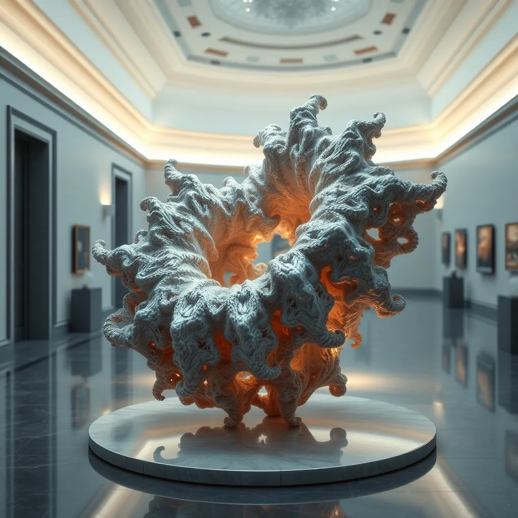 An intricate fractal sculpture displayed in an elegant gallery setting. The sculpture should feature complex patterns and textures, with light reflections enhancing its three-dimensionality. Include a serene backdrop to emphasize its artistic beauty.