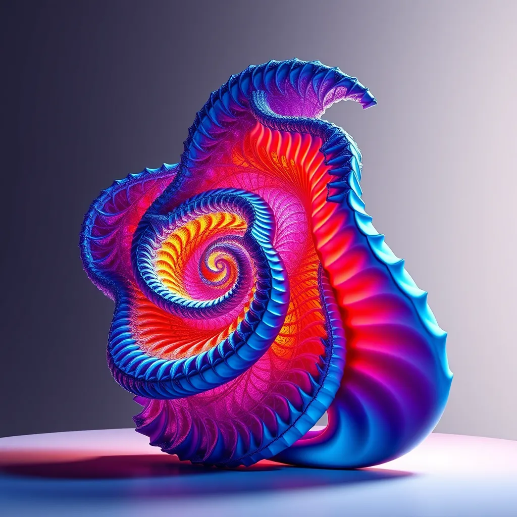 An intricate fractal sculpture in vibrant colors, featuring repeating patterns that draw the eye into its complex forms. The sculpture should be set against a minimalist background to emphasize its details and innovative design, with soft lighting that enhances its three-dimensional effect.