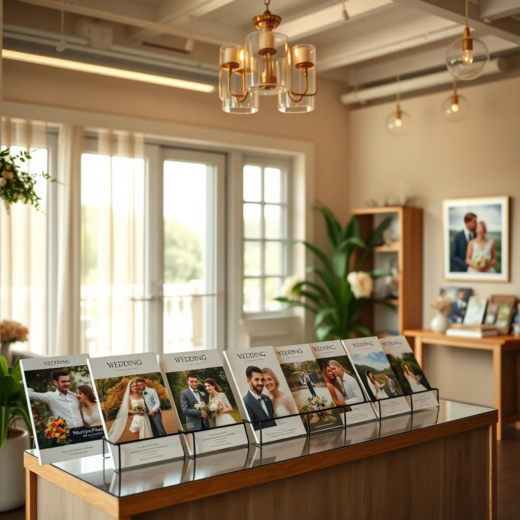 An inviting wedding studio with brochures displayed showcasing affordable wedding photography and video packages. The setting should feel warm and welcoming, with enticing visuals of happy couples enjoying their wedding memories.