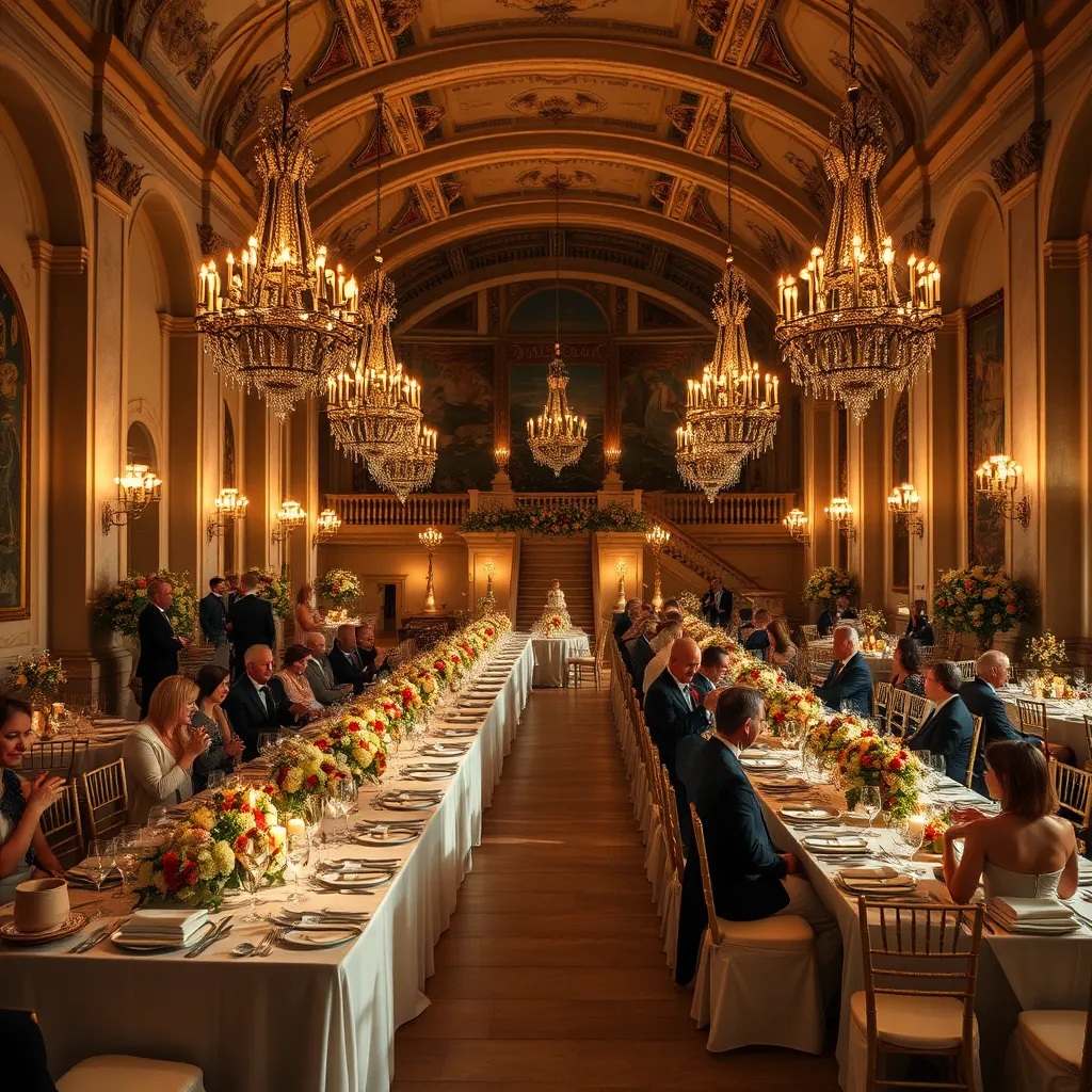 Create a photorealistic, ultra-high quality image of an elegant wedding reception at a historic chateau in Provence, South of France. The setting should be a grand banquet hall with high ceilings, chandeliers, and long tables adorned with fine china and opulent floral centerpieces. Use soft, ambient lighting to create a luxurious and celebratory atmosphere. The color palette should include regal golds, deep burgundies, and rich creams. The camera angle should be a wide shot, capturing the grandeur of the room and the joyful expressions of the guests. Textural details like the silk tablecloths, crystal glassware, and the bride's satin dress should be evident. The environment should include elements like marble columns, grand staircases, and wall tapestries. Inspired by the style of high-end fashion photography by Mario Testino, ensure the final image is 8K resolution, hyperrealistic, and ultra-detailed.