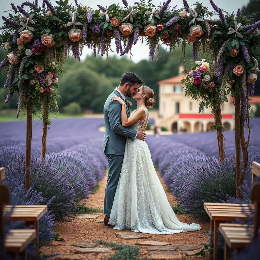 Create a photorealistic, ultra-high quality image of a romantic wedding scene in Provence, South of France. The scene should capture a couple sharing a tender moment under a rustic floral arch set against a backdrop of lush lavender fields. Use soft, diffused lighting to evoke a dreamy, romantic atmosphere. The color palette should be warm and inviting with shades of lavender, soft greens, and natural wood tones. The camera angle should be slightly elevated, focusing on the couple but also including some background details of the wedding guests and decor. The texture of the bride's lace gown, the groom's tailored suit, and the intricate floral arrangements should be evident. The environment should include elements like rustic wooden benches, strings of fairy lights, and a vintage French chateau in the background. In the style of Annie Leibovitz photography, ensure the final image is 8K resolution, hyperrealistic, and ultra-detailed.
