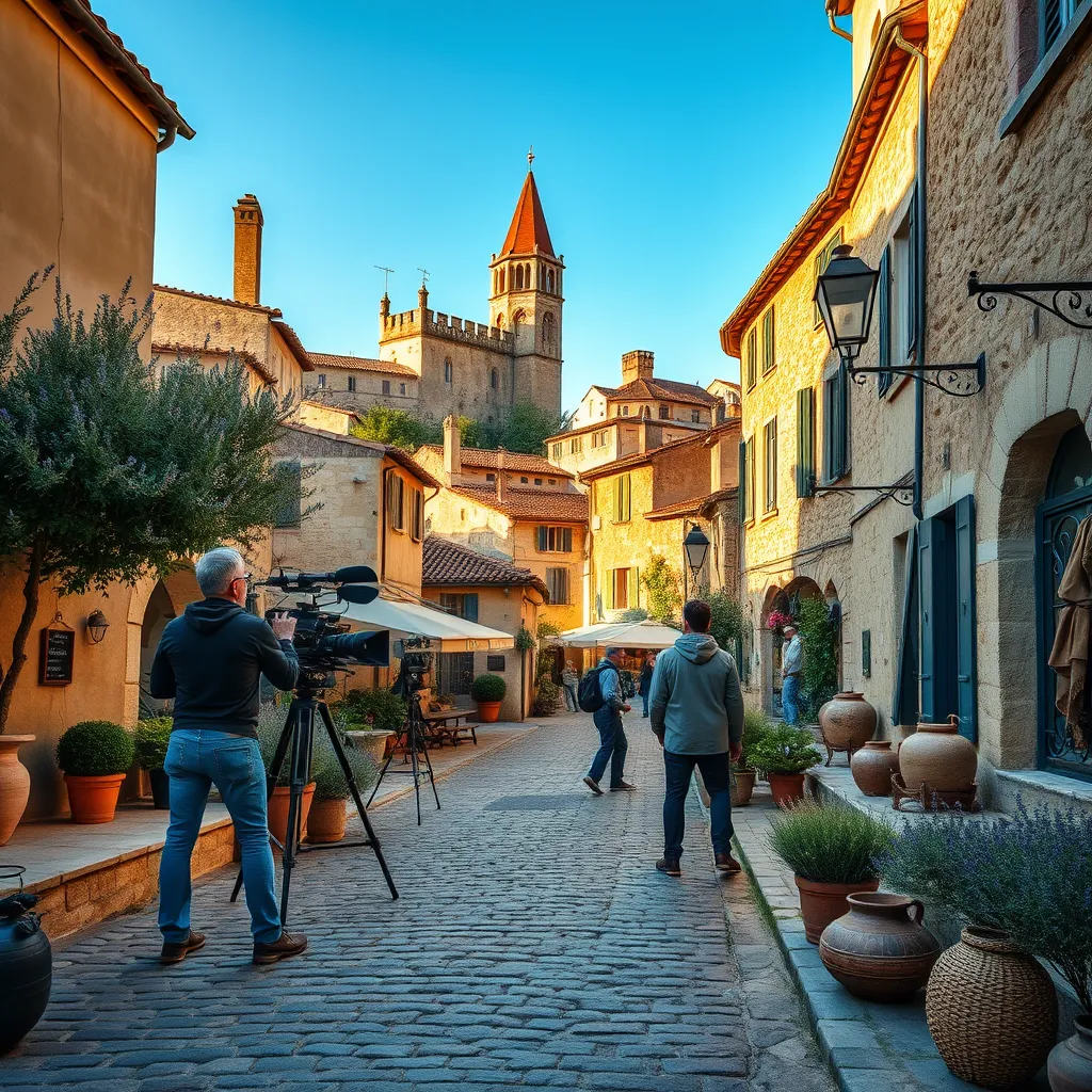 Create a photorealistic, ultra-high quality header image representing Conceptcle Films, a video production and dub cut mastering business located in the picturesque Provence region of southern France. Subject matter should include a charming Provençal village in the background, with medieval architecture and cobblestone streets, while a film crew is actively working on a scene featuring local artisans and picturesque nature. Lighting should be natural, suggesting the warm and golden hues of late afternoon, creating a cozy and inviting ambiance. The color palette should include earthy tones, lush greens, and warm pastels to capture the essence of Provence. The camera angle should be slightly elevated to provide a comprehensive view of the village and the film crew. Textures should include the roughness of stone buildings, the worn cobblestones, and the richness of the natural surroundings. Environmental elements should feature lavender fields in the distance, olive trees, and a clear blue sky. Relevant props should include film equipment like cameras, lights, and boom microphones, along with traditional Provençal props like pottery and woven baskets. The style should be hyperrealistic, capturing every small detail with striking clarity. Technical specifications: 8K resolution, hyperrealistic rendering., ultra high resolution, photorealistic, 8K, hyperdetailed, cinematic lighting