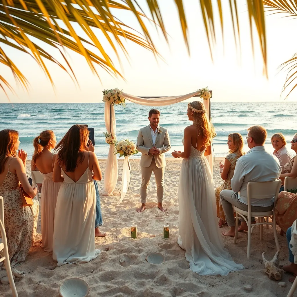 Create a photorealistic, ultra-high quality image of an intimate beach wedding ceremony in Provence, South of France. Focus on a small gathering of guests around a beautifully decorated altar on the sandy beach. Use golden hour lighting for a warm, romantic glow. The color palette should include soft blues, sandy beiges, and white floral accents. The camera angle should be at eye level, capturing the couple exchanging vows with the gentle waves of the Mediterranean Sea in the background. Textural details such as the flow of the bride's chiffon dress, the groom's linen outfit, and the delicate flowers in the bride's hair should be distinct. The environment should feature elements like driftwood, seashell decorations, and a gentle breeze swaying the palm leaves. Inspired by the style of Peter Lindbergh, ensure the final image is 8K resolution, hyperrealistic, and ultra-detailed.