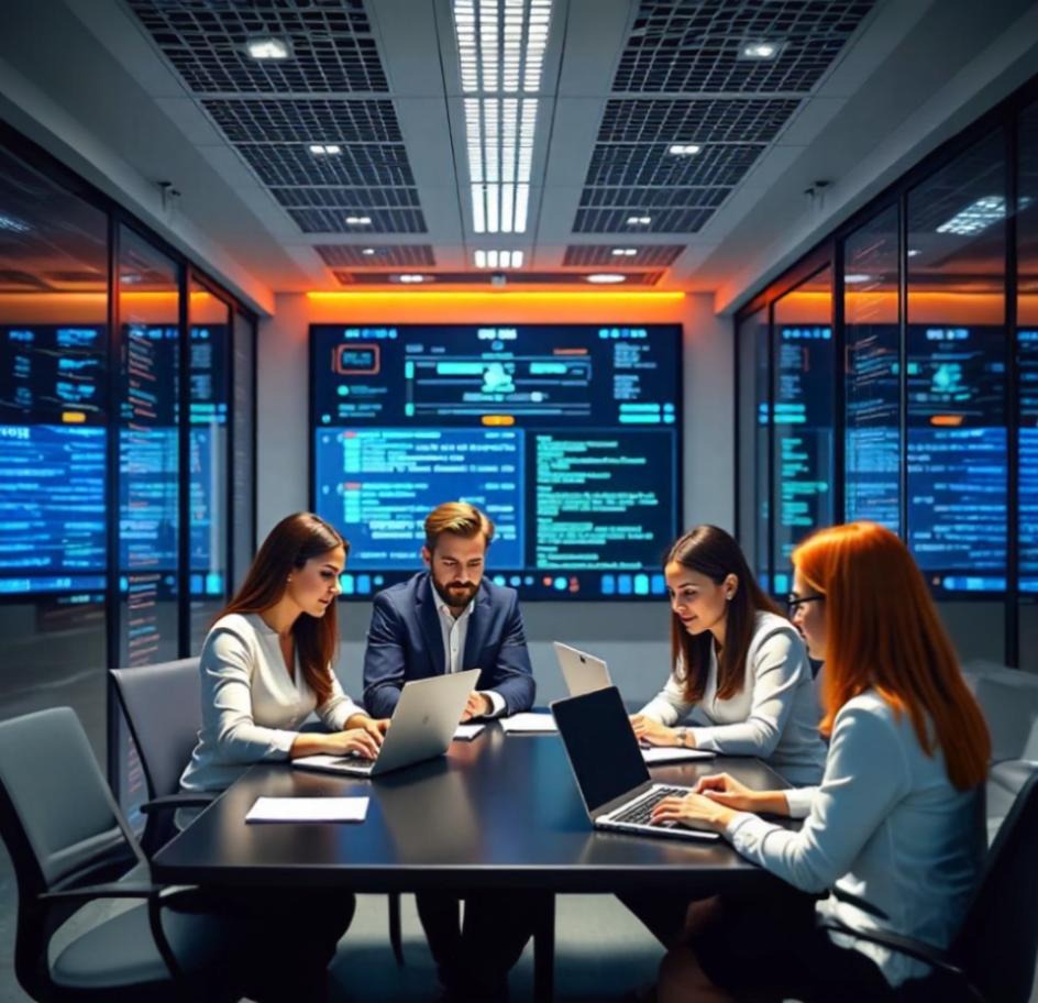 A modern office environment with a sleek, secure data room featuring high-tech security measures like biometric scanners and encrypted digital screens. Show diverse professionals collaborating with laptops, all focused and engaged, symbolizing trust and confidentiality in data handling.