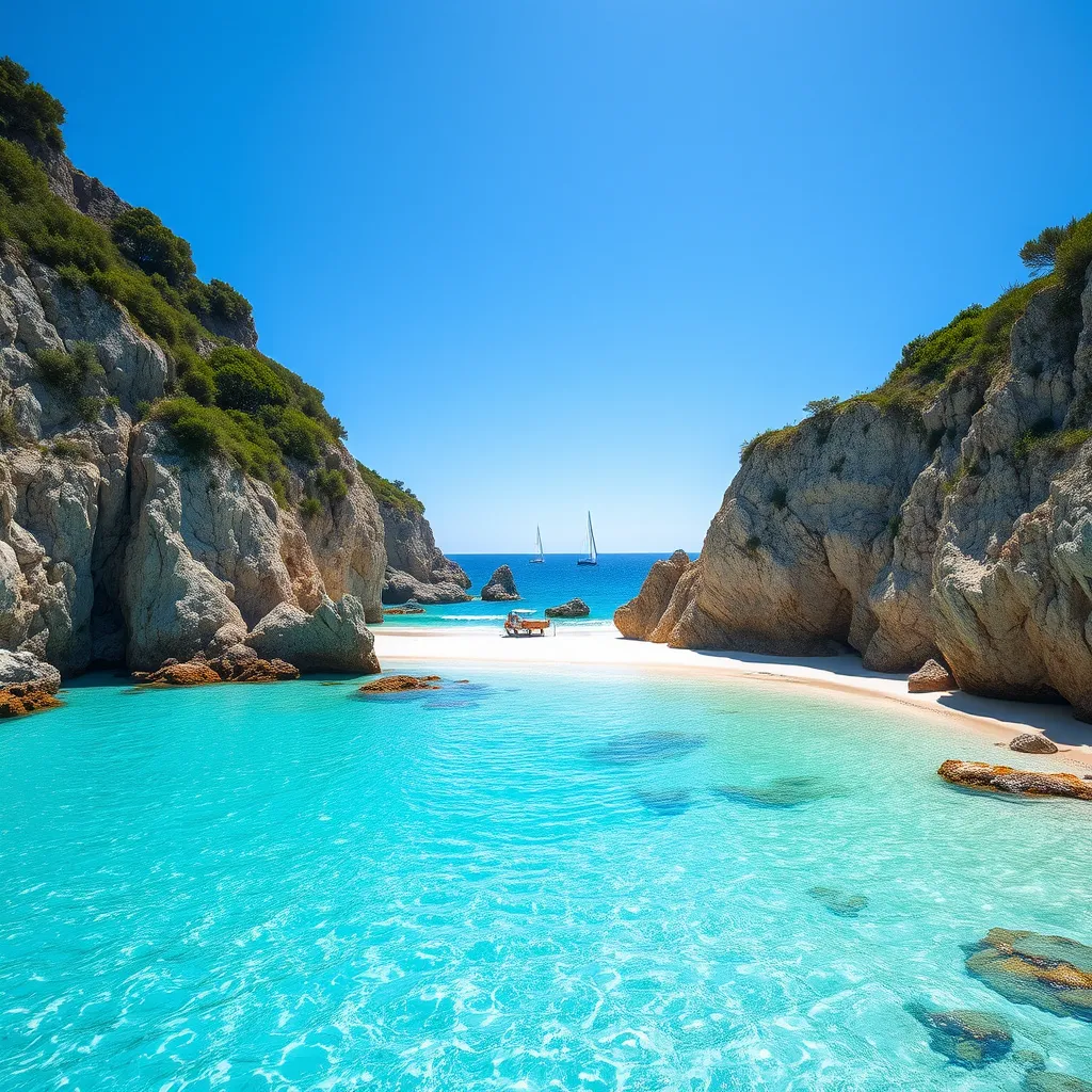  Wide-angle view of a pristine Mediterranean beach in Provence with turquoise water gently lapping at the white sandy shore. Rugged cliffs and rocky outcroppings frame the scene, with lush greenery atop the cliffs. The sky is clear blue, and a few sailboats are seen in the distance.