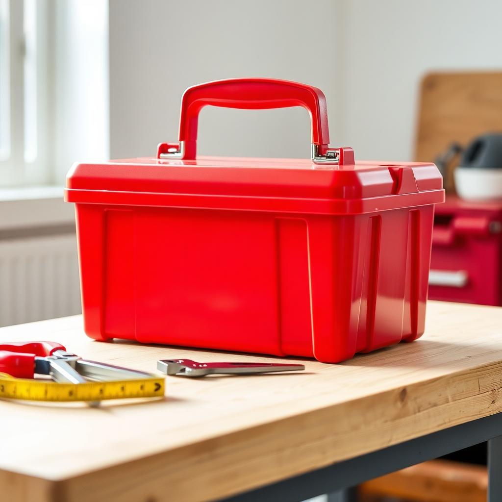 Tidy red toolbox on workbench