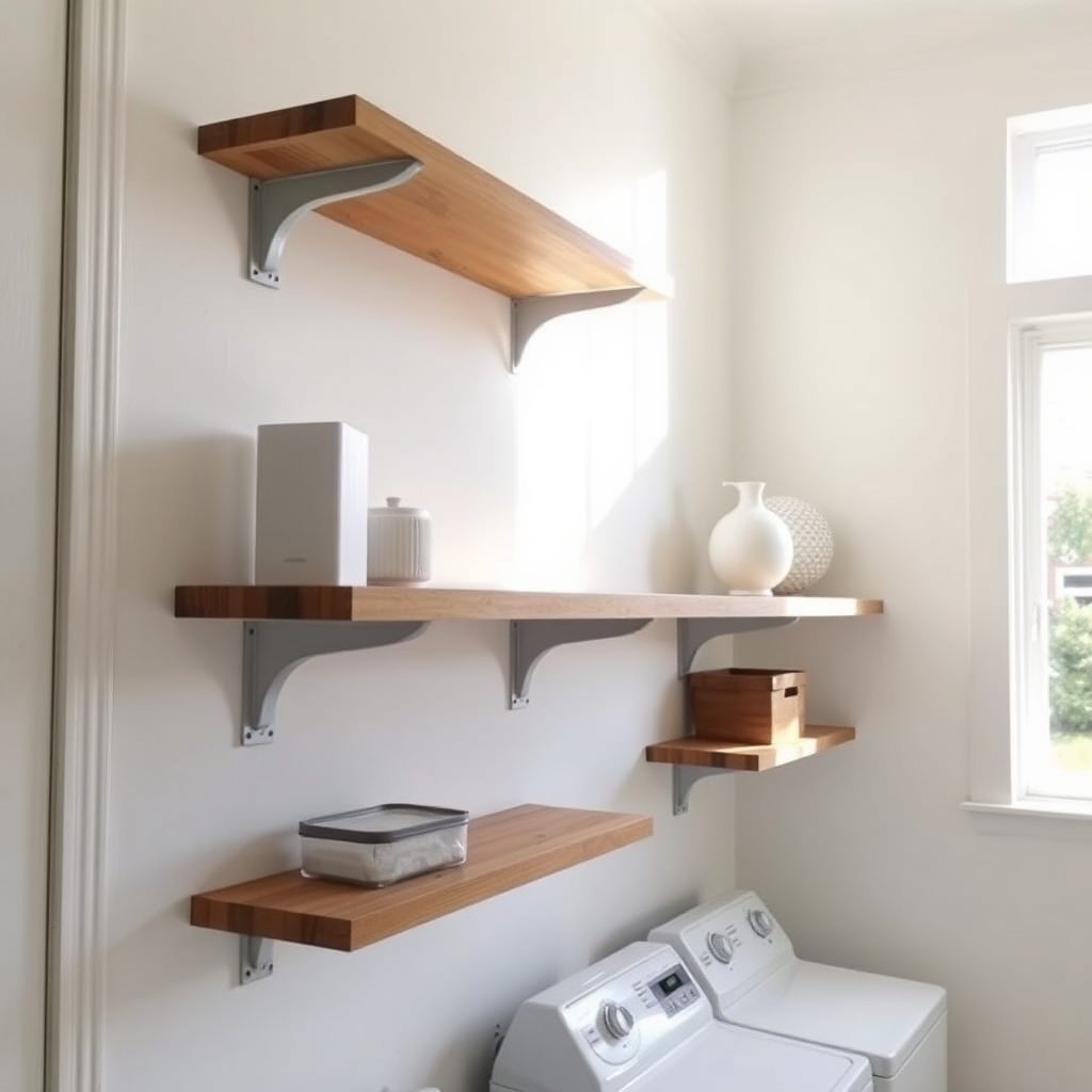 Newly mounted wooden shelves