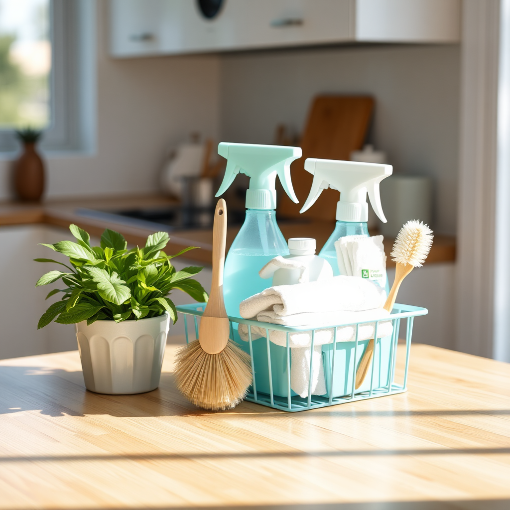 Organized cleaning caddy on a kitchen counter