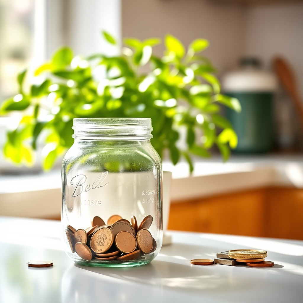 Jar with coins on a home counter