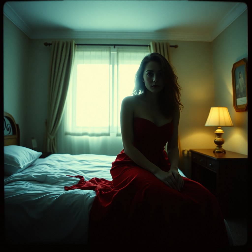 Double exposure woman in red on bed
