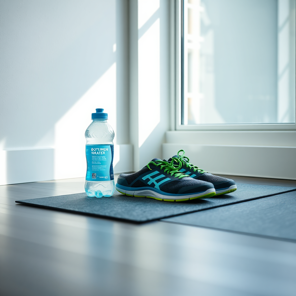 Water bottle and training shoes on mat