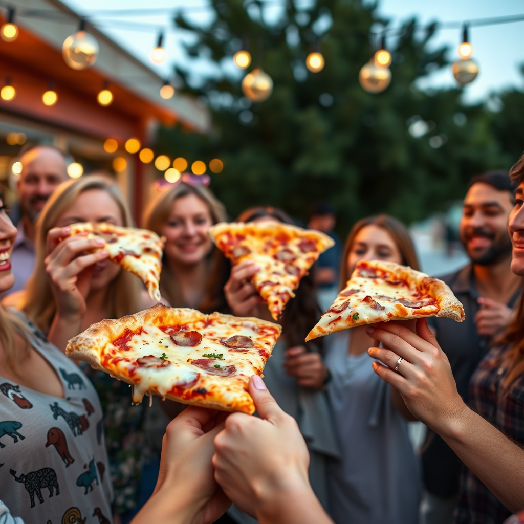 Friends holding pizza slices