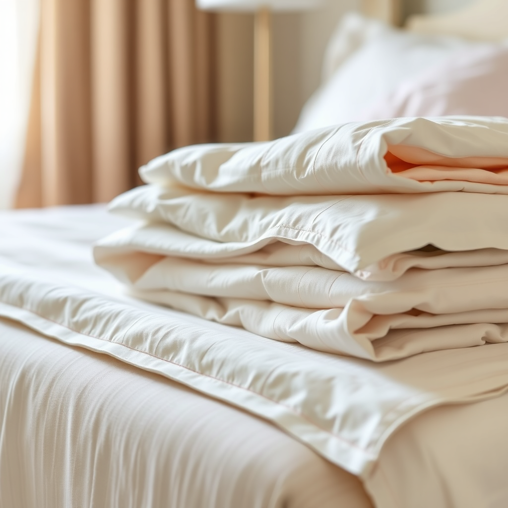 Folded linens on bench