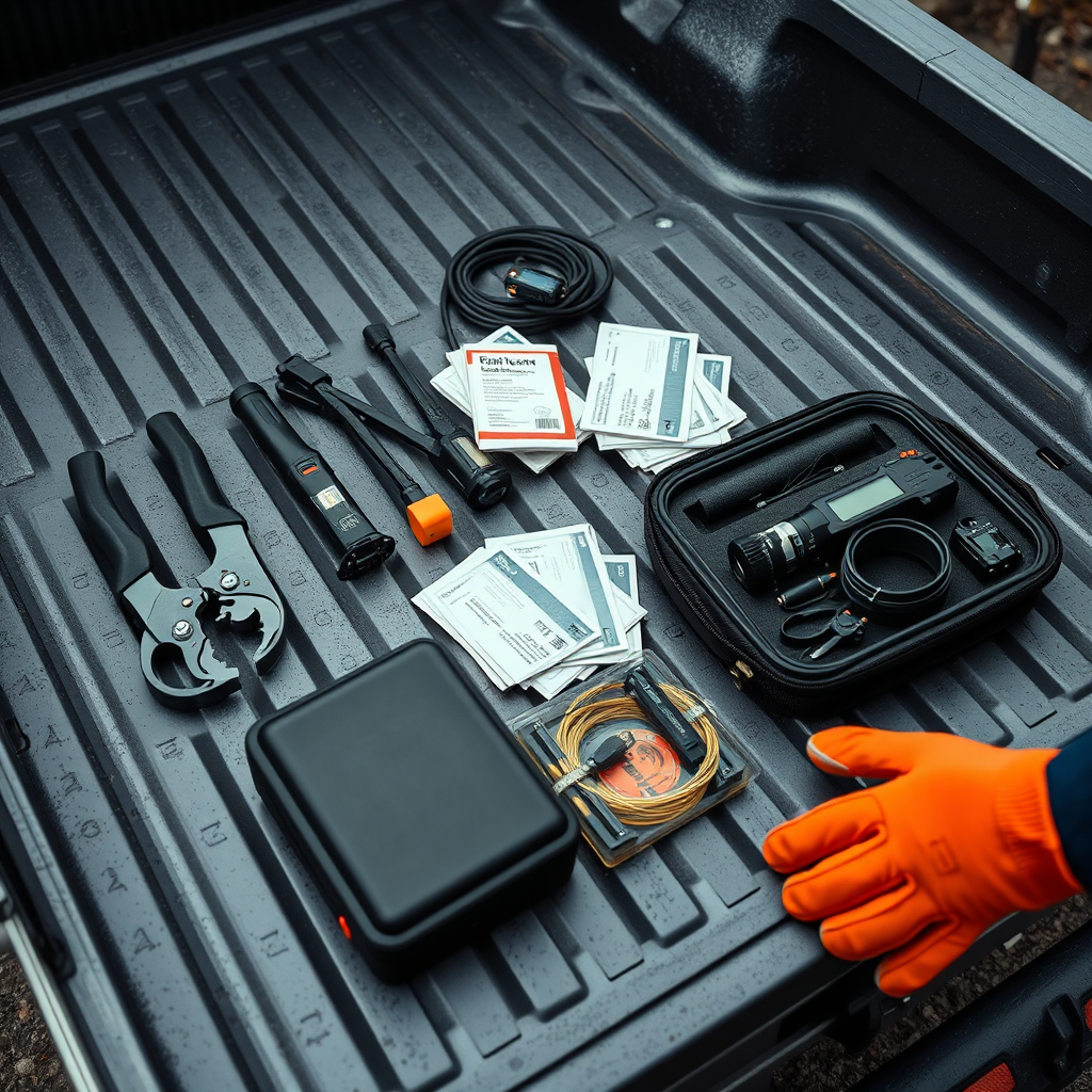 Telecom tools and equipment organized on a work surface