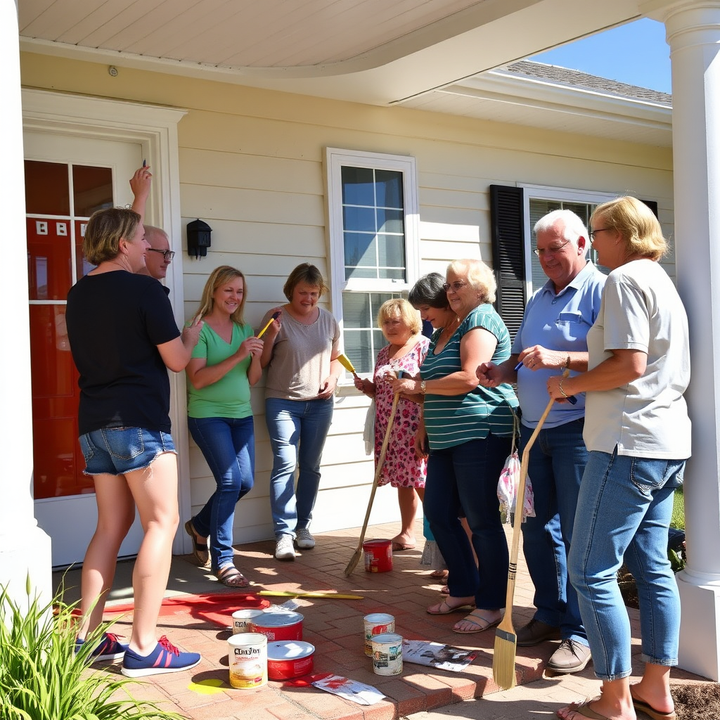 Volunteers painting porch together