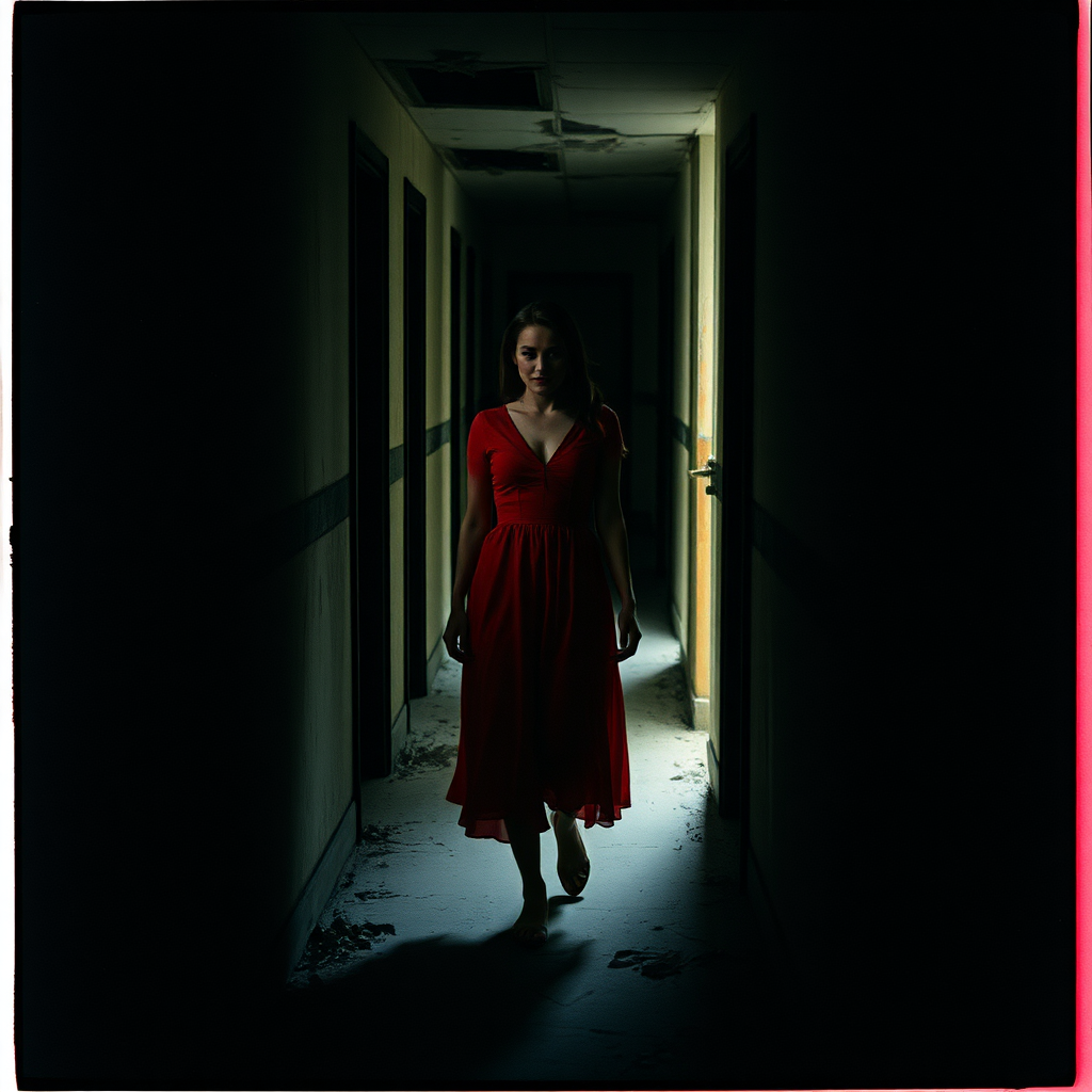 Woman in red walking in ruined hall