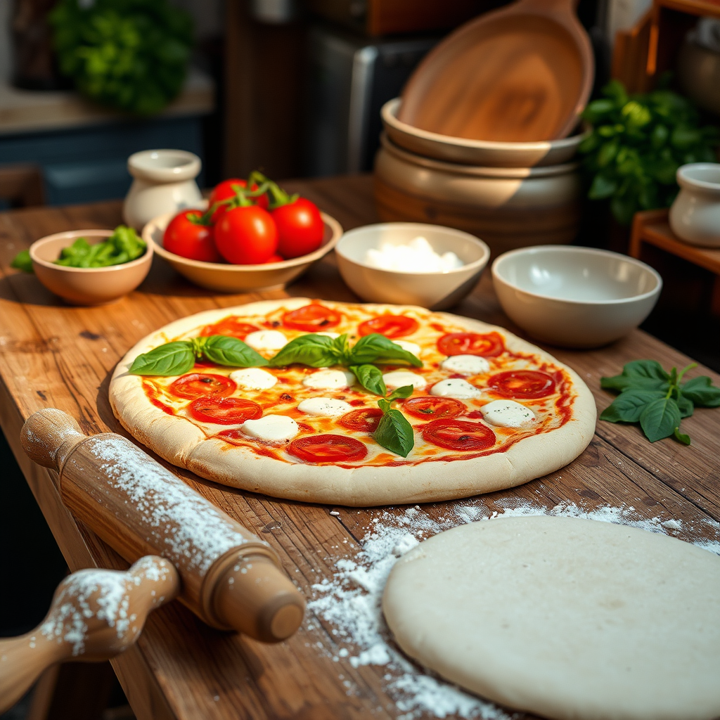 Homemade pizza ingredients on a rustic table