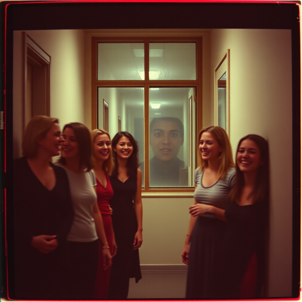 Tape frame: women in hall, face in window