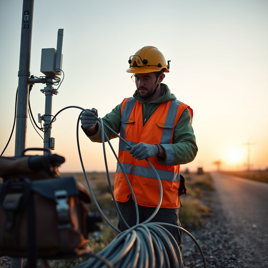 Telecom technician with fiber optic cable