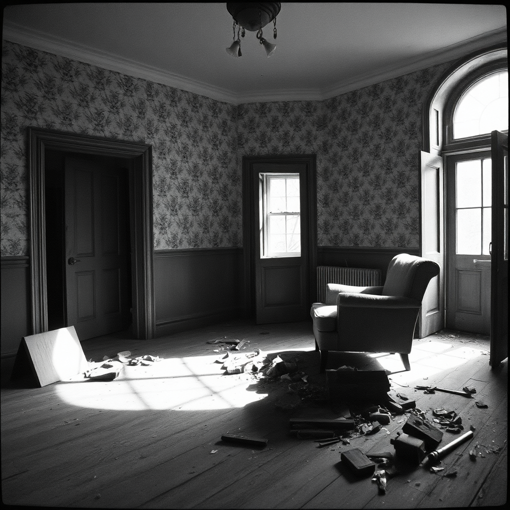 Decaying living room, abandoned house