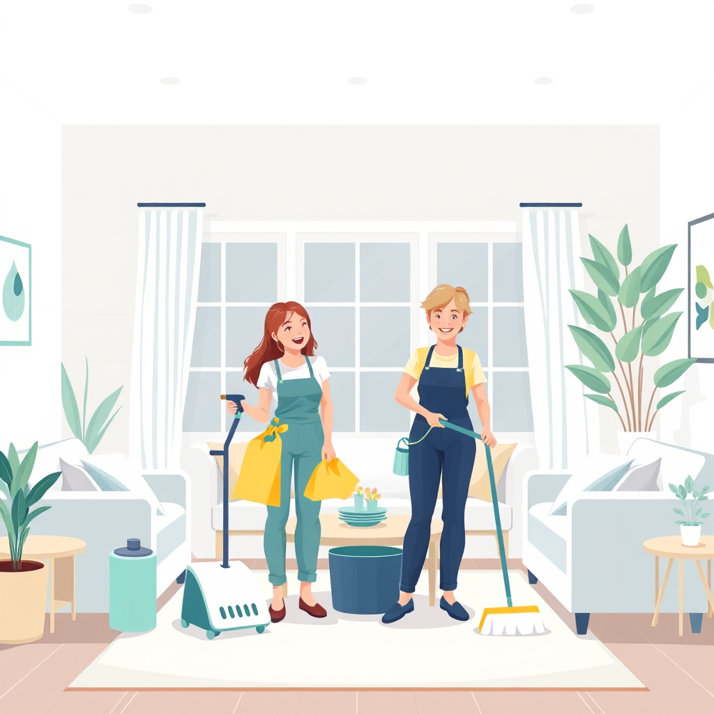Friendly cleaning scene illustration