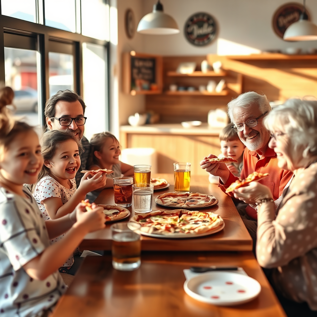 Family eating pizza at shop