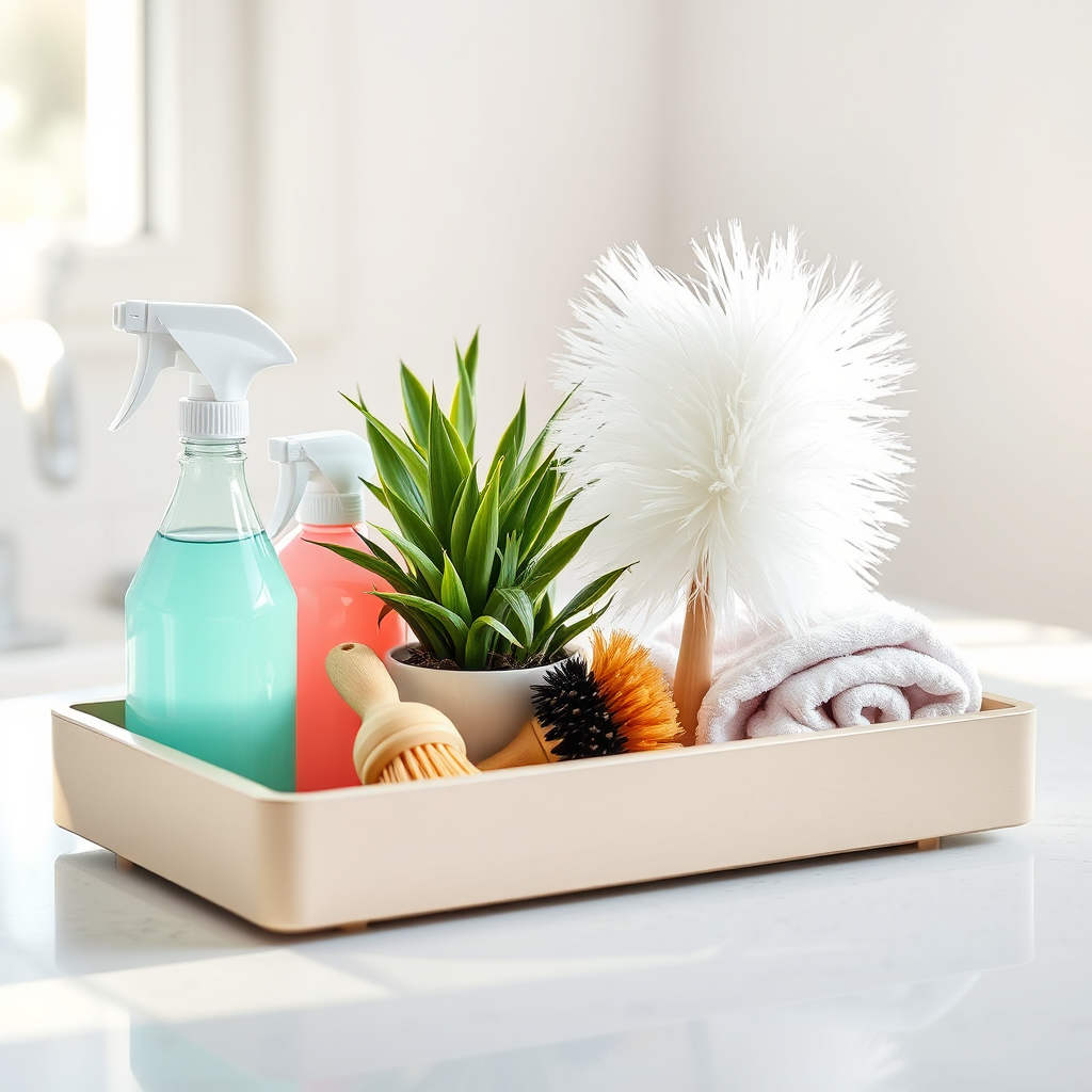 Organized cleaning supplies on a tray