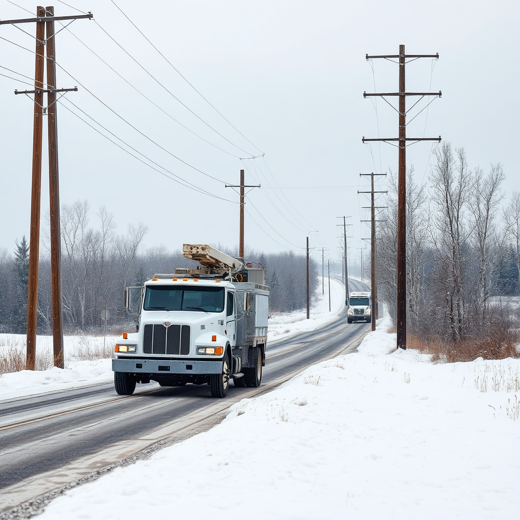 Snowy rural Minnesota roadside with utility truck and telecom lines