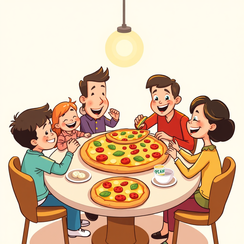 Happy family with pizza