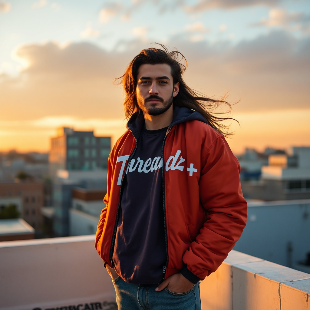 Influencer on rooftop wearing ThreadZ+ jacket