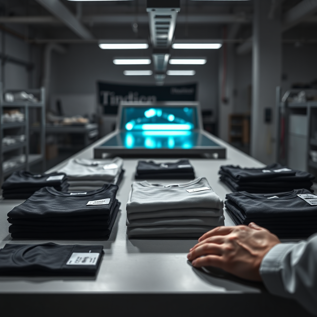 Apparel production table with folded shirts