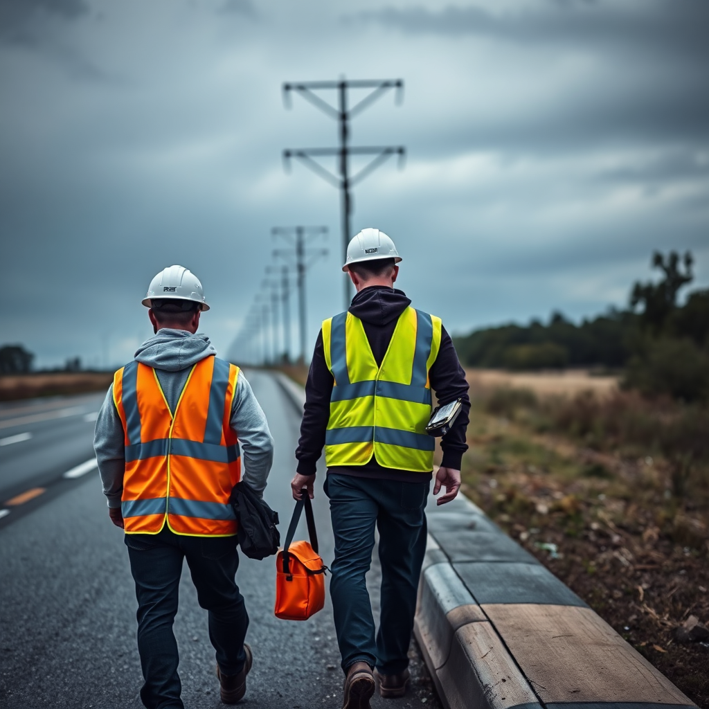 Telecom technicians walking to a work site
