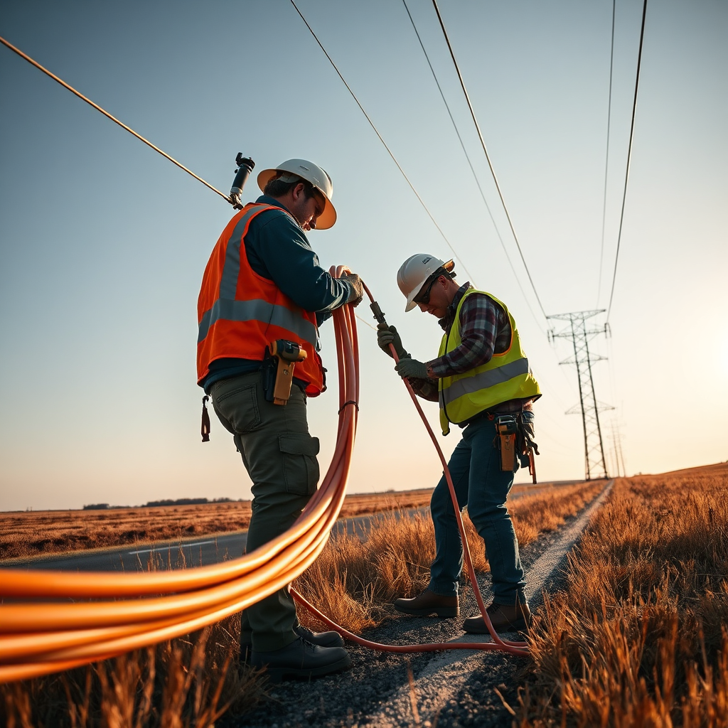 Telecom contractor installing fiber optic line roadside