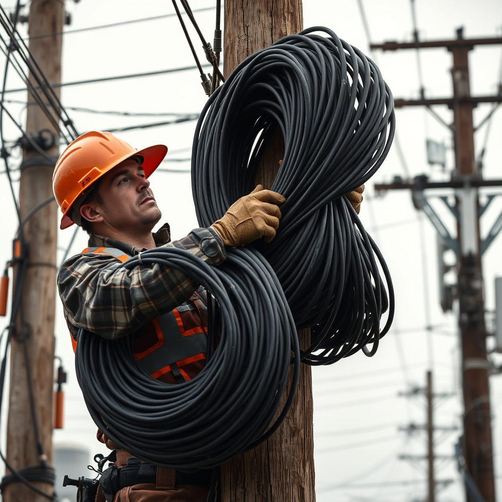 Coaxial cable line worker wearing safety hat and goggles