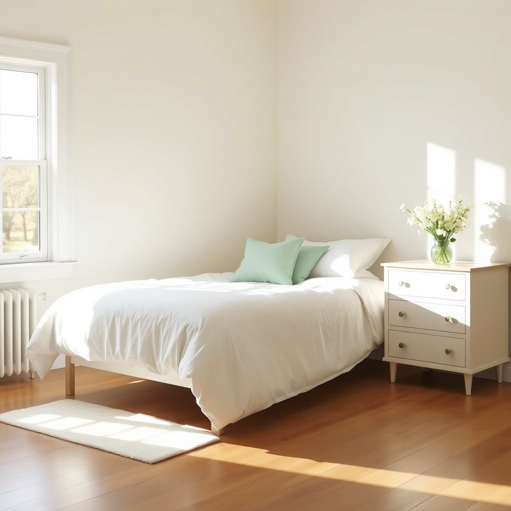 Tidy bedroom with fresh bedding