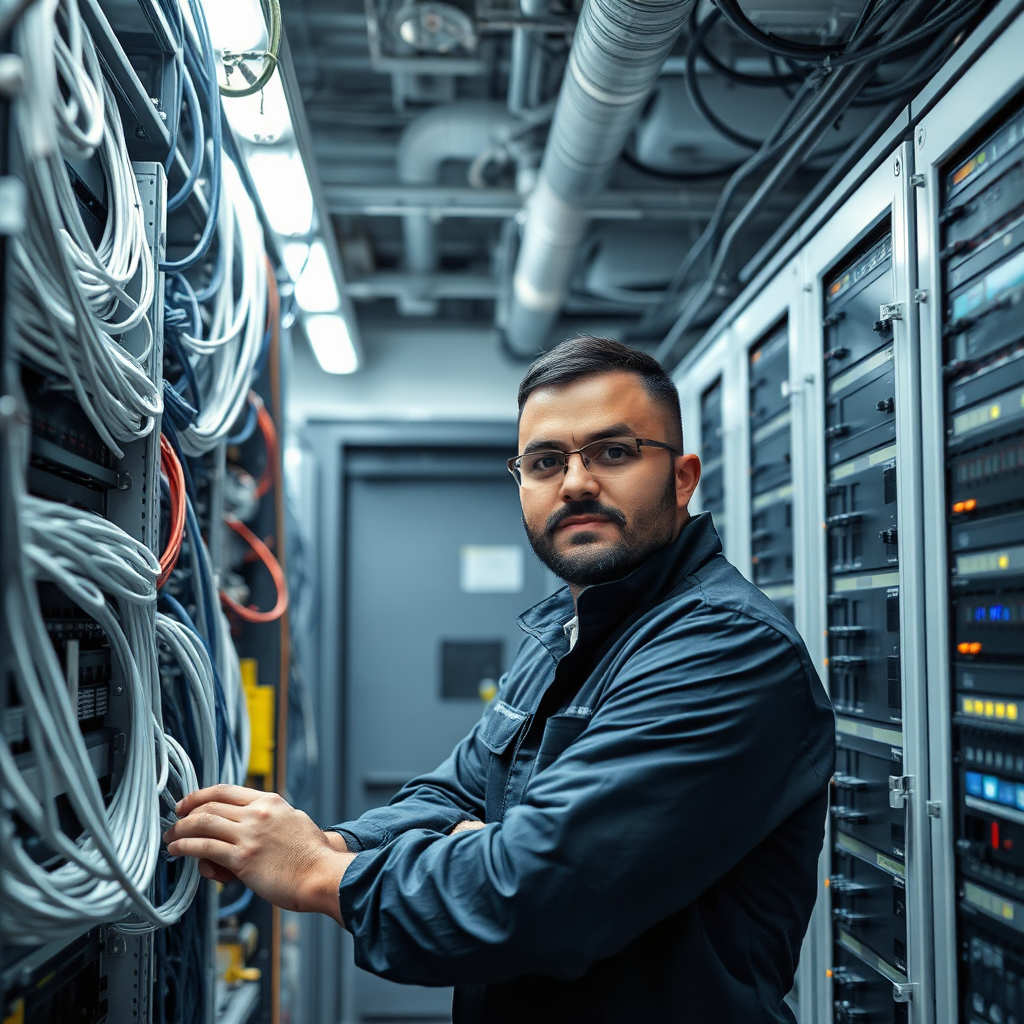 Commercial telecom technician working in a modern telecom room