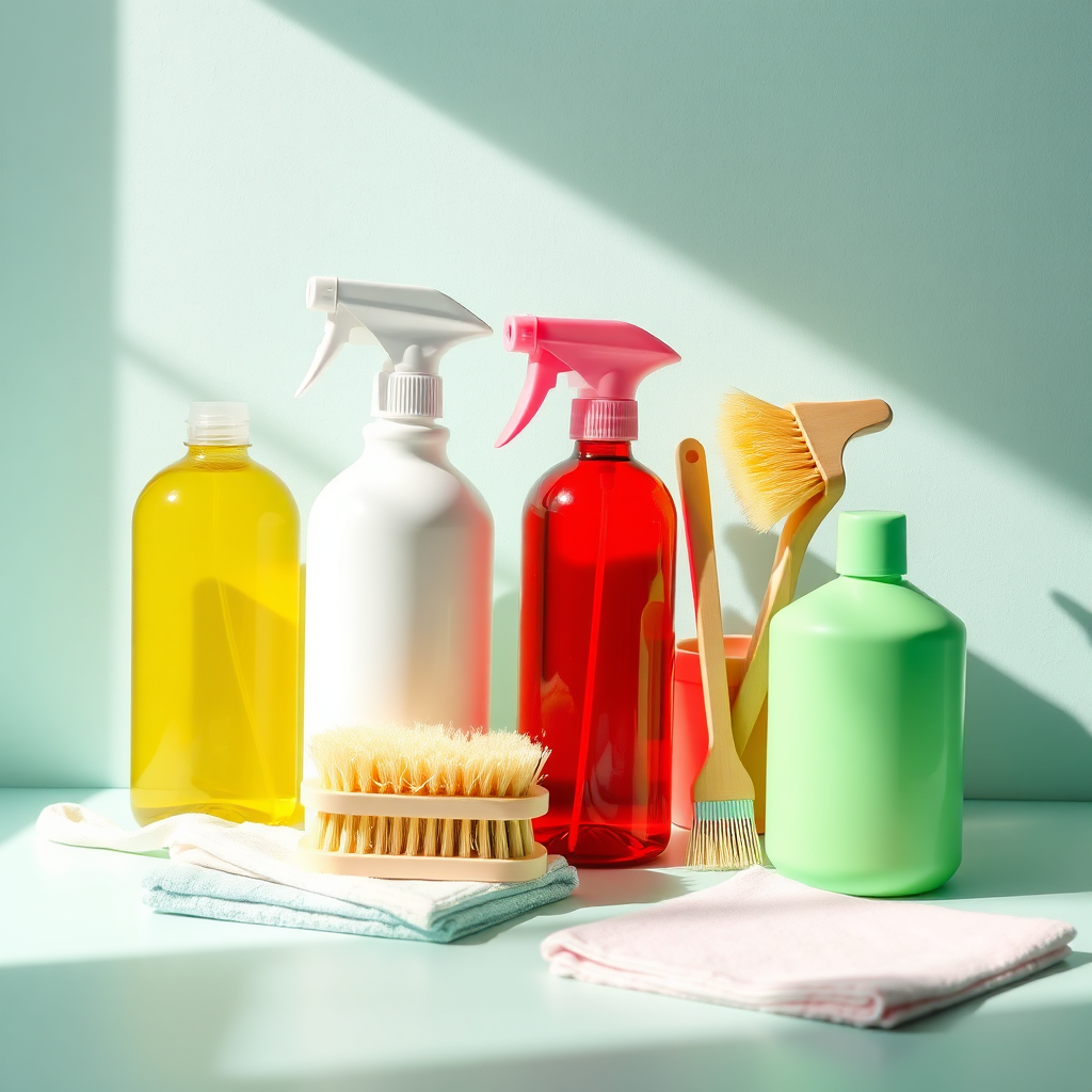 Neatly arranged cleaning supplies