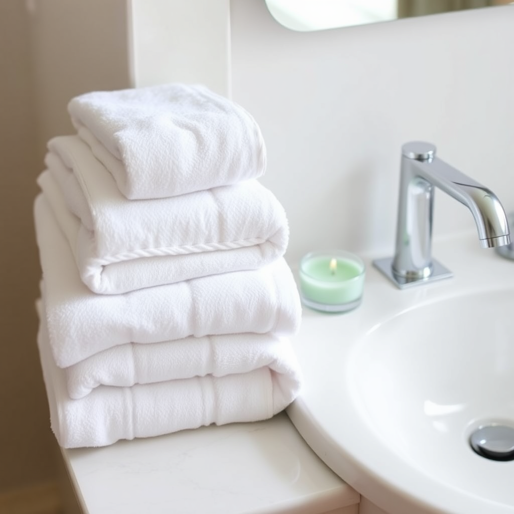Folded towels by bathroom sink