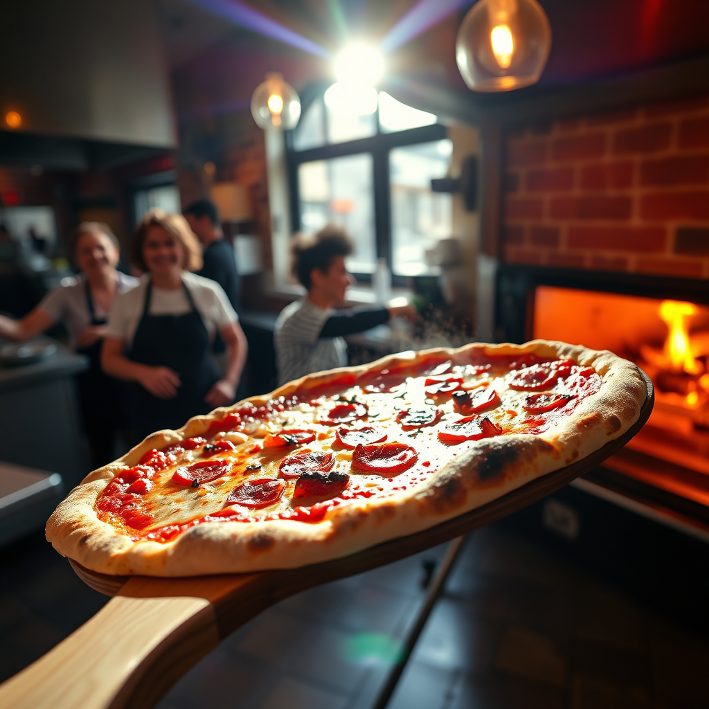 Fresh oven-fired pizza at the counter