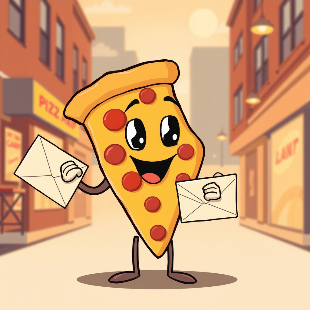 Pizza slice holding an envelope illustration