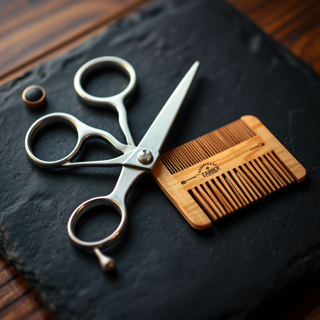 Barber’s scissors and comb on a slate surface